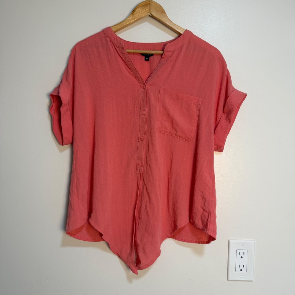 Tahari Front Tie Button Up Blouse Coral Pink Womens Size Medium Casual Top